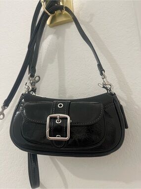 Black Patent Leather Shoulder Bag with Front Buckle Brand New with tags